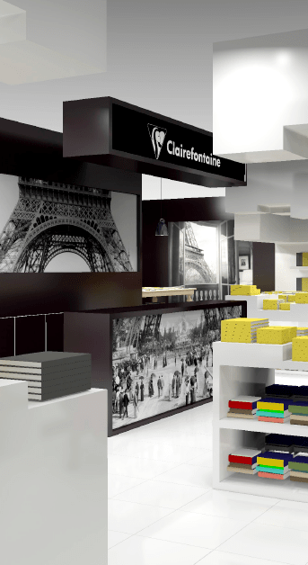 Vue 3D du point de vente zoom sur la caisse avec un visuel de la tour Eiffel